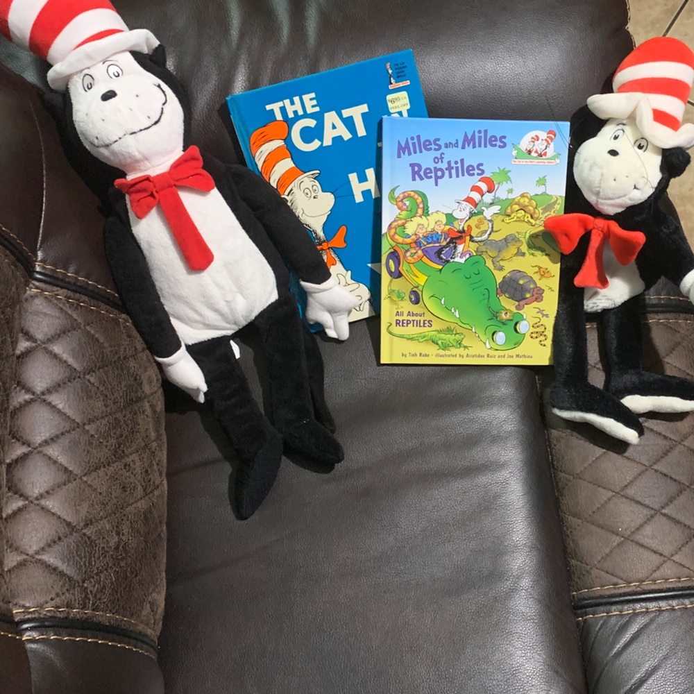 Dr. Seuss Black and White Cat Plush with Red Bow and book set.